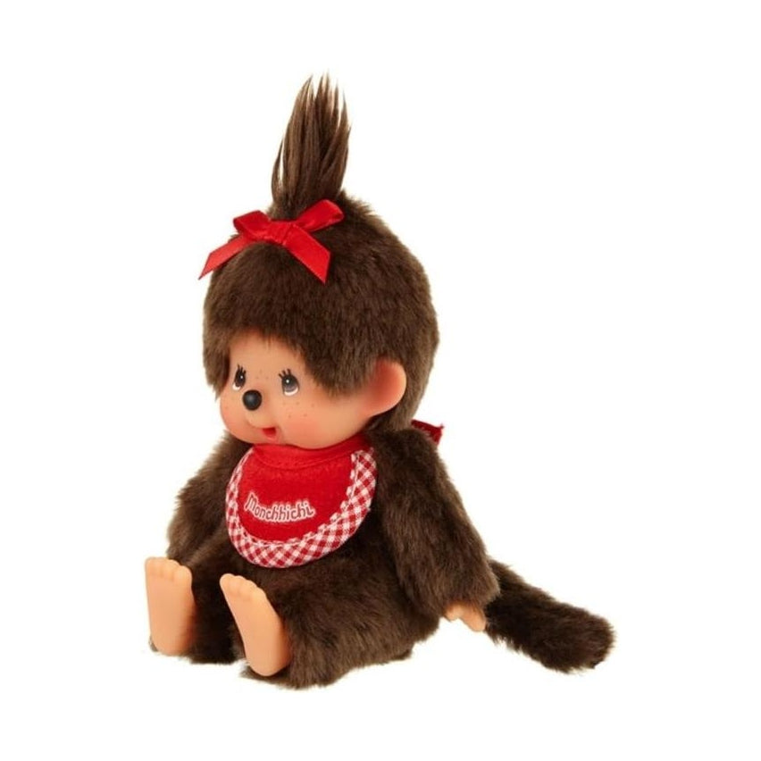Peluche Monchhichi Premium Estándar Marrón Niña Sentada, Talla SS, 14cm