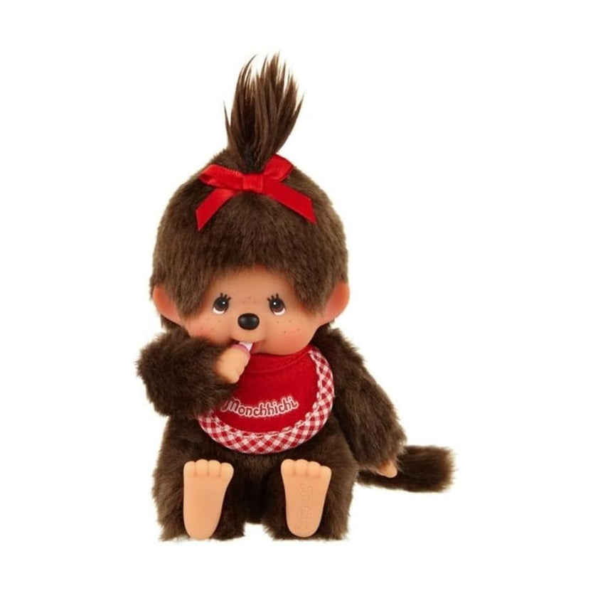 Peluche Monchhichi Premium Estándar Marrón Niña Sentada, Talla SS, 14cm